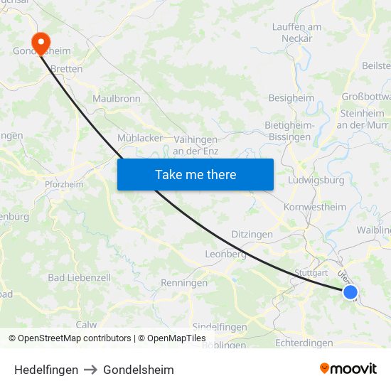 Hedelfingen to Gondelsheim map