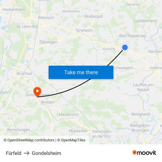 Fürfeld to Gondelsheim map