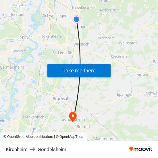 Kirchheim to Gondelsheim map