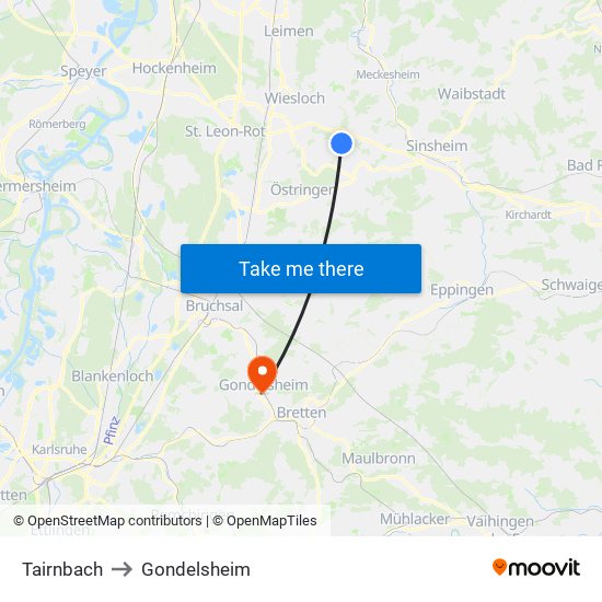 Tairnbach to Gondelsheim map