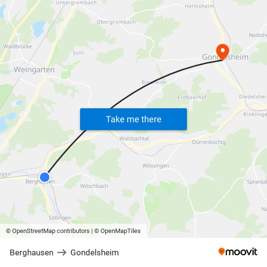 Berghausen to Gondelsheim map