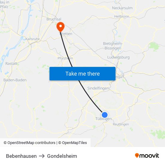 Bebenhausen to Gondelsheim map