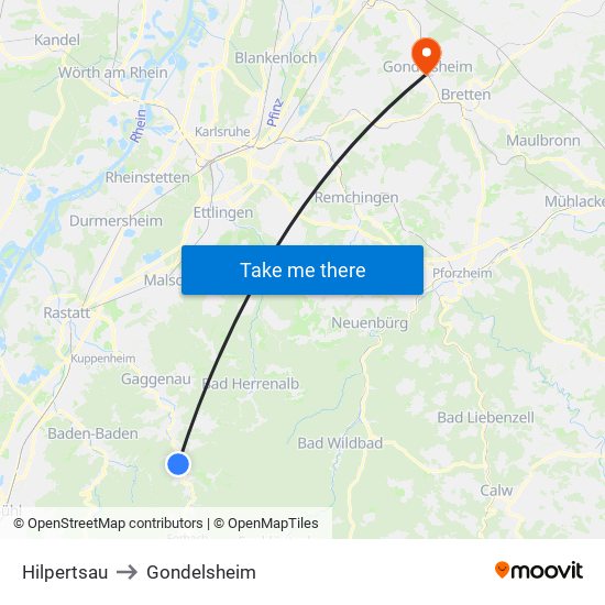 Hilpertsau to Gondelsheim map