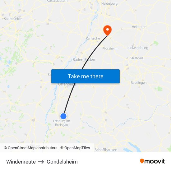 Windenreute to Gondelsheim map