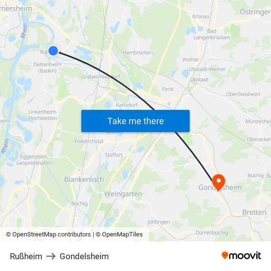 Rußheim to Gondelsheim map