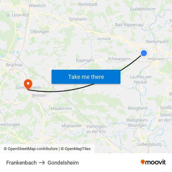 Frankenbach to Gondelsheim map