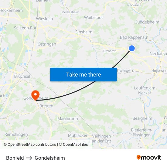 Bonfeld to Gondelsheim map