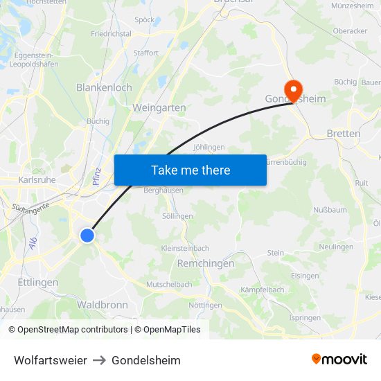 Wolfartsweier to Gondelsheim map