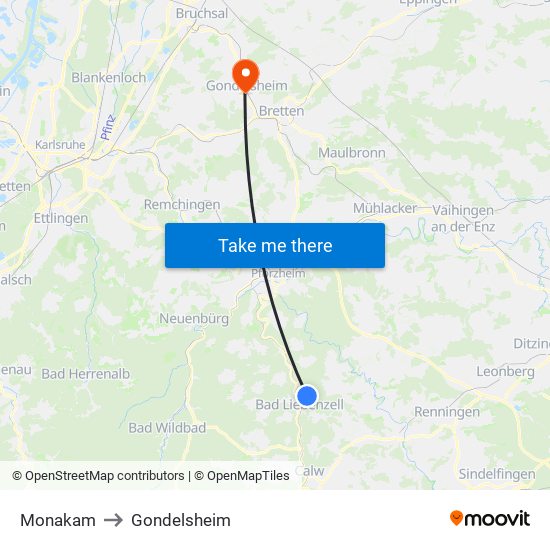 Monakam to Gondelsheim map