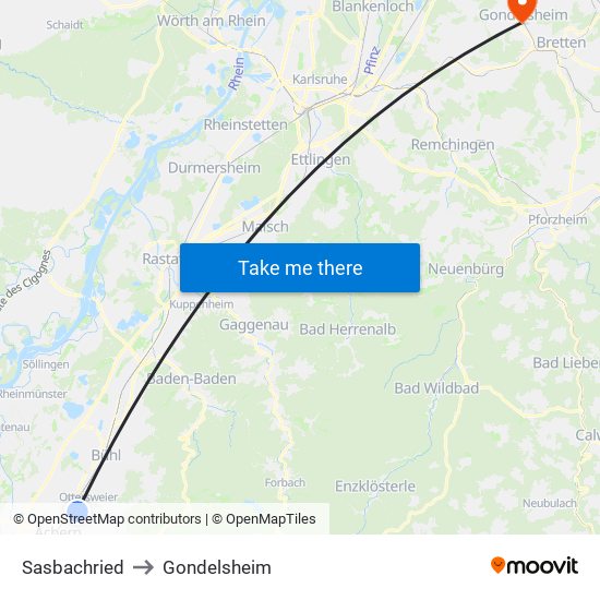Sasbachried to Gondelsheim map