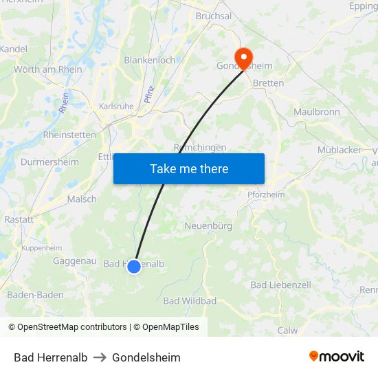 Bad Herrenalb to Gondelsheim map