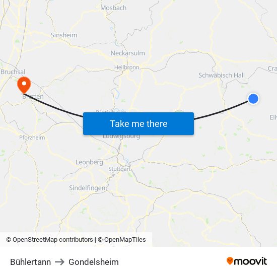 Bühlertann to Gondelsheim map