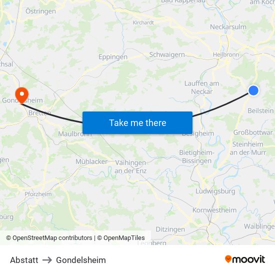 Abstatt to Gondelsheim map