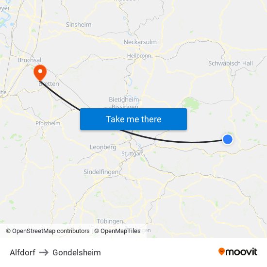 Alfdorf to Gondelsheim map