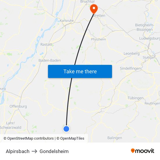 Alpirsbach to Gondelsheim map