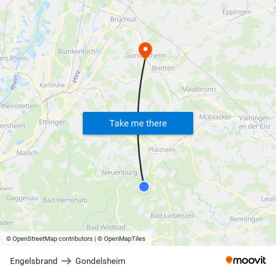 Engelsbrand to Gondelsheim map