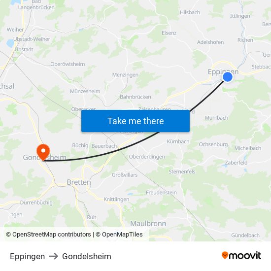 Eppingen to Gondelsheim map