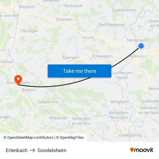 Erlenbach to Gondelsheim map