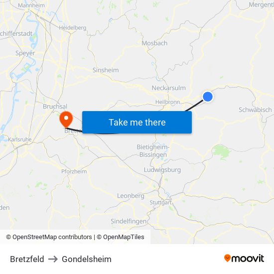 Bretzfeld to Gondelsheim map