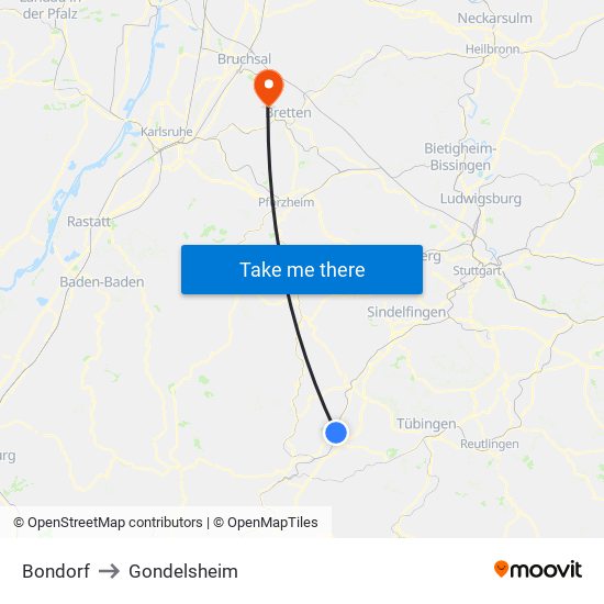 Bondorf to Gondelsheim map