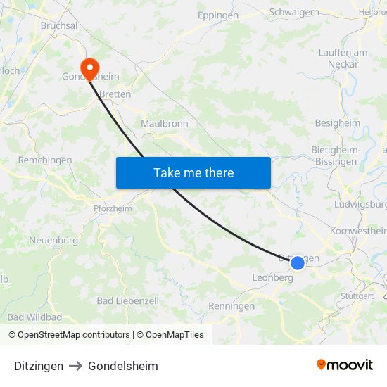 Ditzingen to Gondelsheim map
