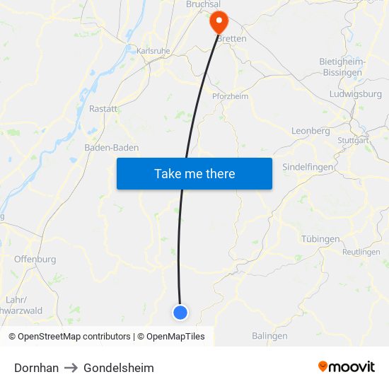 Dornhan to Gondelsheim map