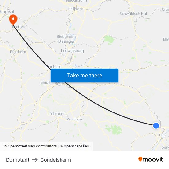 Dornstadt to Gondelsheim map