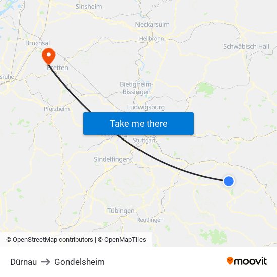 Dürnau to Gondelsheim map