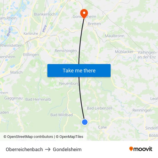 Oberreichenbach to Gondelsheim map