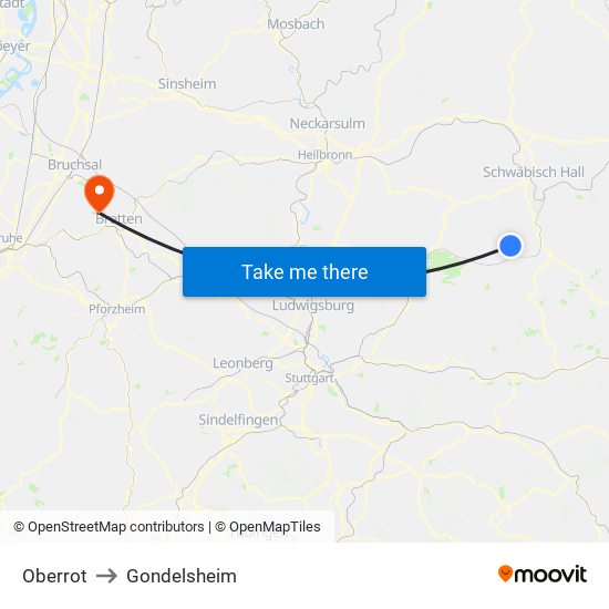 Oberrot to Gondelsheim map