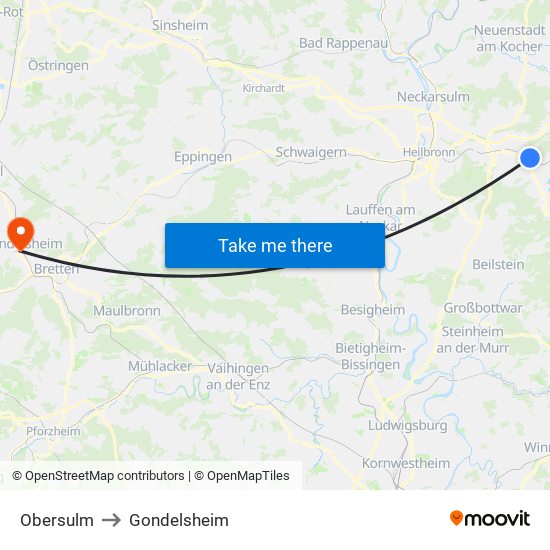 Obersulm to Gondelsheim map