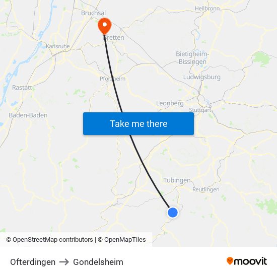 Ofterdingen to Gondelsheim map