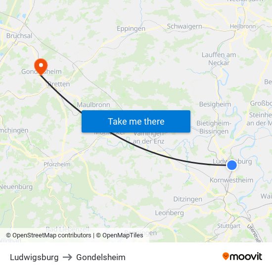 Ludwigsburg to Gondelsheim map