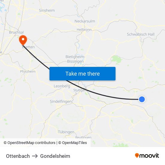 Ottenbach to Gondelsheim map