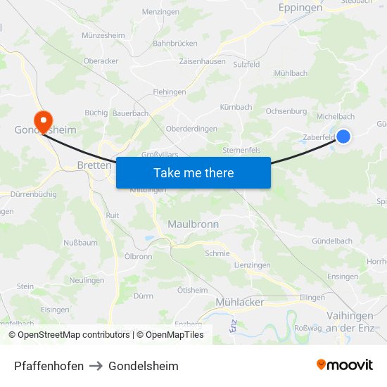 Pfaffenhofen to Gondelsheim map