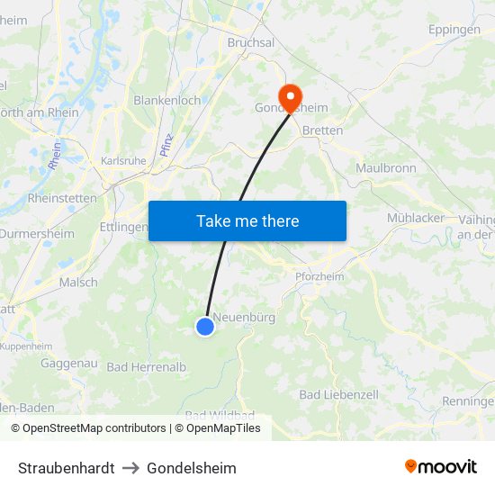 Straubenhardt to Gondelsheim map