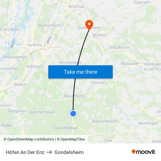 Höfen An Der Enz to Gondelsheim map