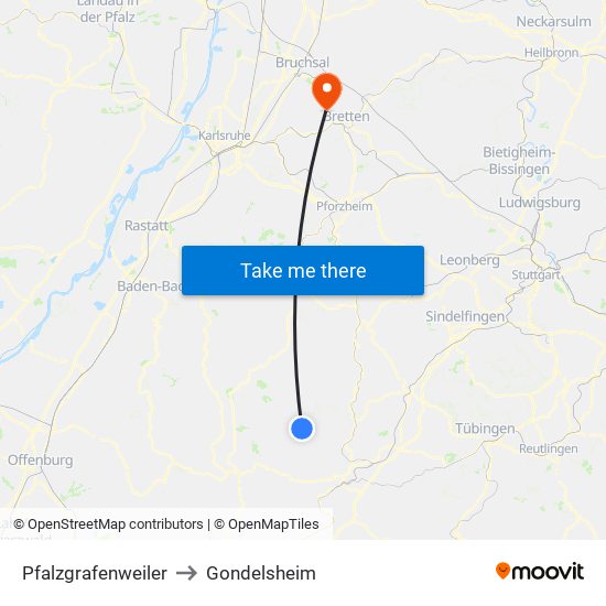 Pfalzgrafenweiler to Gondelsheim map