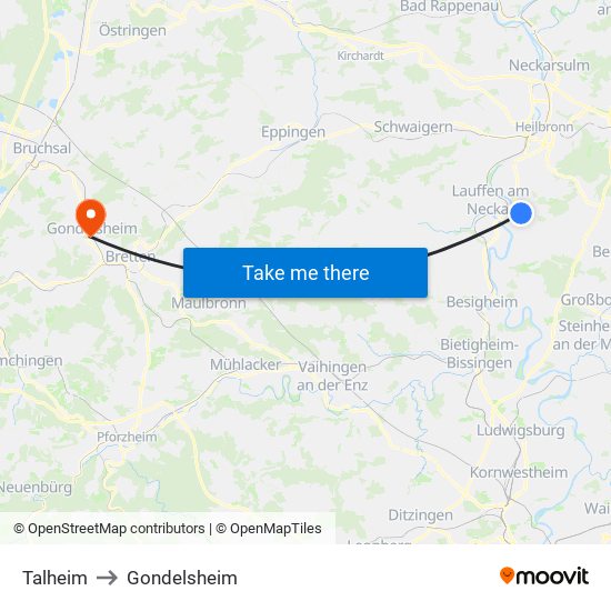 Talheim to Gondelsheim map