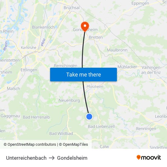 Unterreichenbach to Gondelsheim map