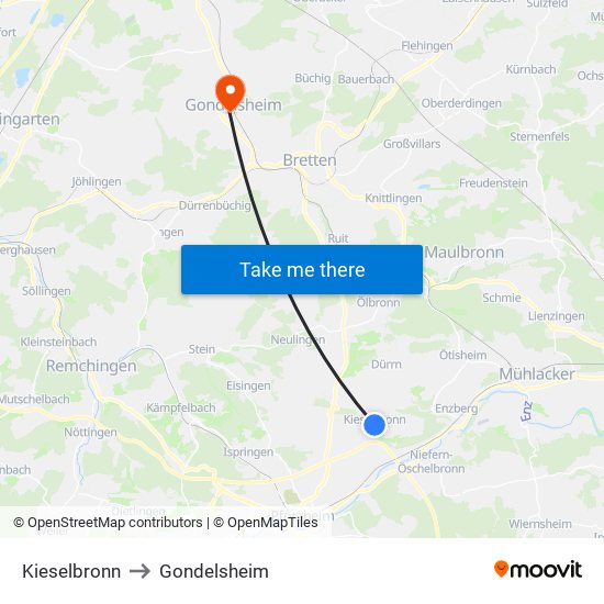 Kieselbronn to Gondelsheim map