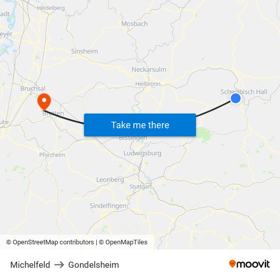 Michelfeld to Gondelsheim map