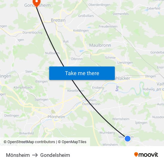 Mönsheim to Gondelsheim map