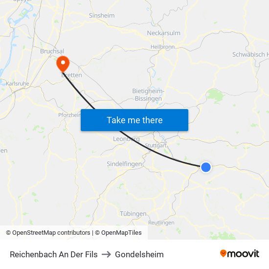 Reichenbach An Der Fils to Gondelsheim map