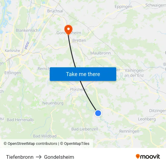 Tiefenbronn to Gondelsheim map