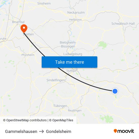 Gammelshausen to Gondelsheim map