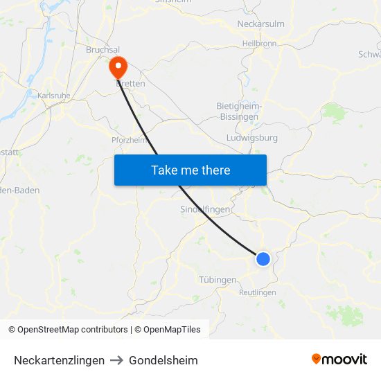 Neckartenzlingen to Gondelsheim map