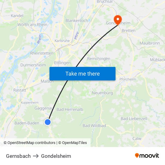 Gernsbach to Gondelsheim map