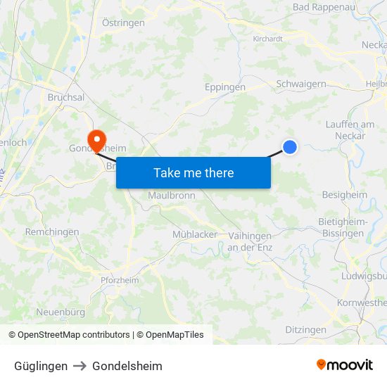 Güglingen to Gondelsheim map