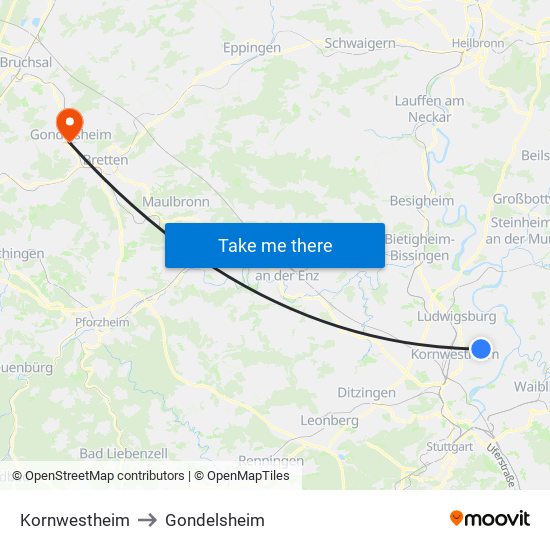 Kornwestheim to Gondelsheim map